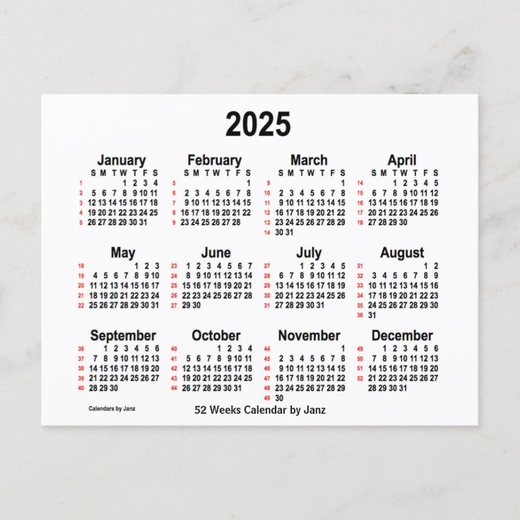 2025 White 52 Weeks Calendar by Janz Postcard Zazzle