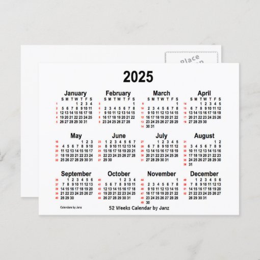 2025 White 52 Weeks Calendar By Janz Postcard Zazzle 4845