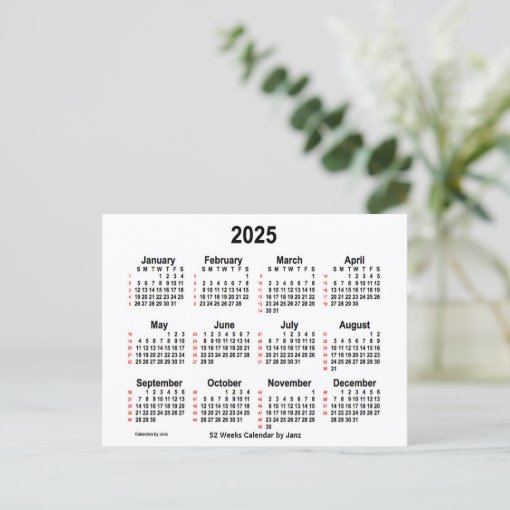 2025 White 52 Weeks Calendar by Janz Postcard Zazzle