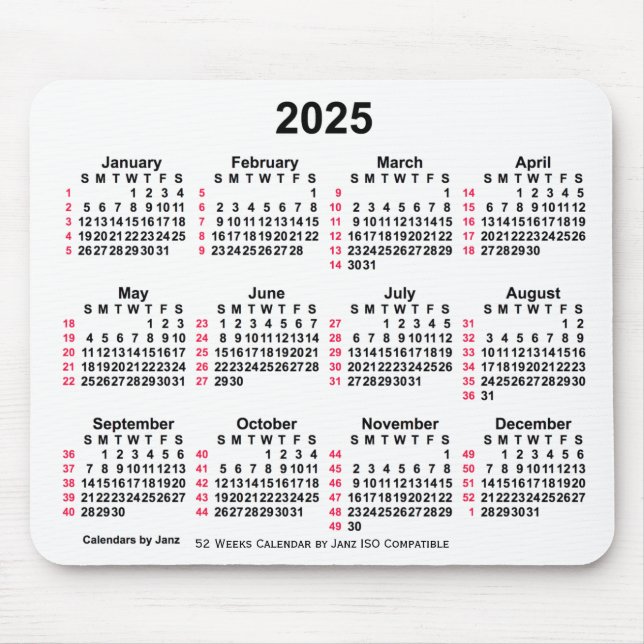 2025 White 52 Weeks ISO Calendar by Janz Mouse Pad (Front)