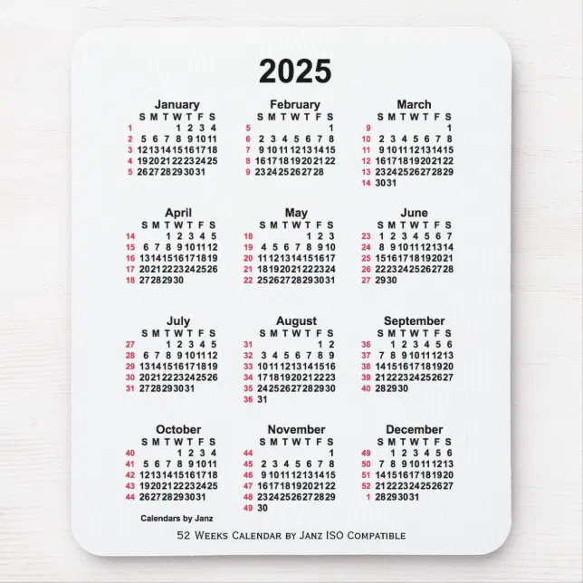 2025 White 52 Weeks ISO Calendar by Janz Mouse Pad | Zazzle