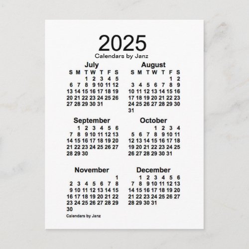 2025 White 6 Month Mini Calendar by Janz Postcard