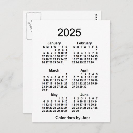 2025 White 6 Month Mini Calendar by Janz Postcard Zazzle