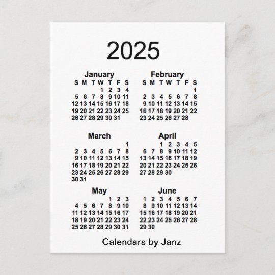 2025 White 6 Month Mini Calendar by Janz Postcard | Zazzle.com