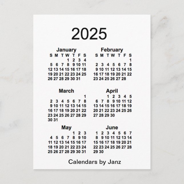 2025 White 6 Month Mini Calendar by Janz Postcard (Front)