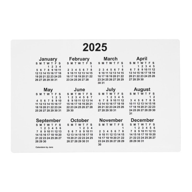 2025 White Calendar by Janz Laminated Placemat Zazzle