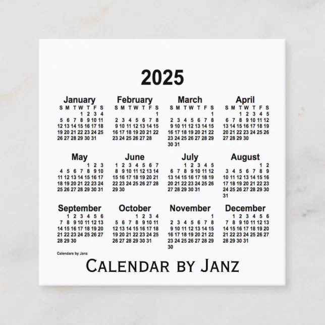 2025 White Calendar by Janz Square Business Card Zazzle