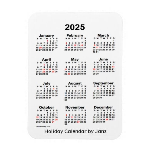 2025 White  Holiday Calendar by Janz Magnet