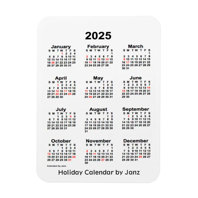 2025 White Holiday Calendar by Janz Magnet | Zazzle
