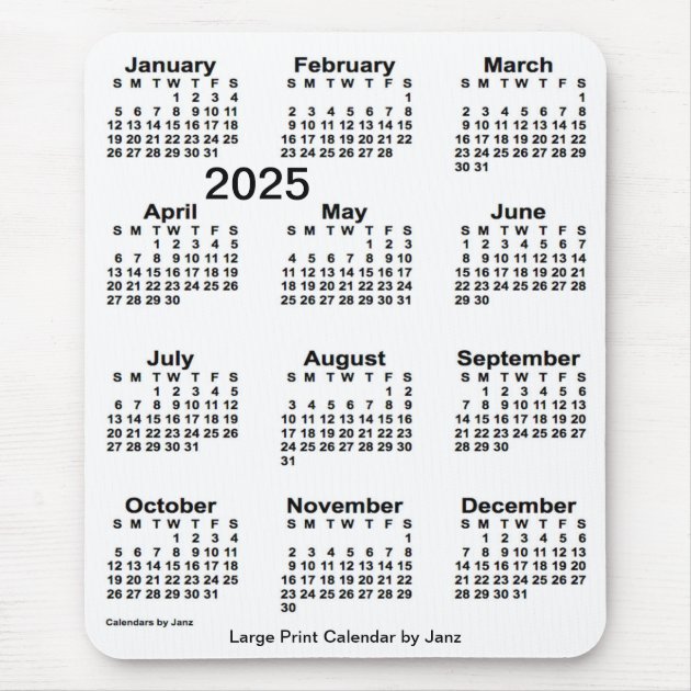 2025 White Large Print Calendar By Janz Mouse Pad | Zazzle