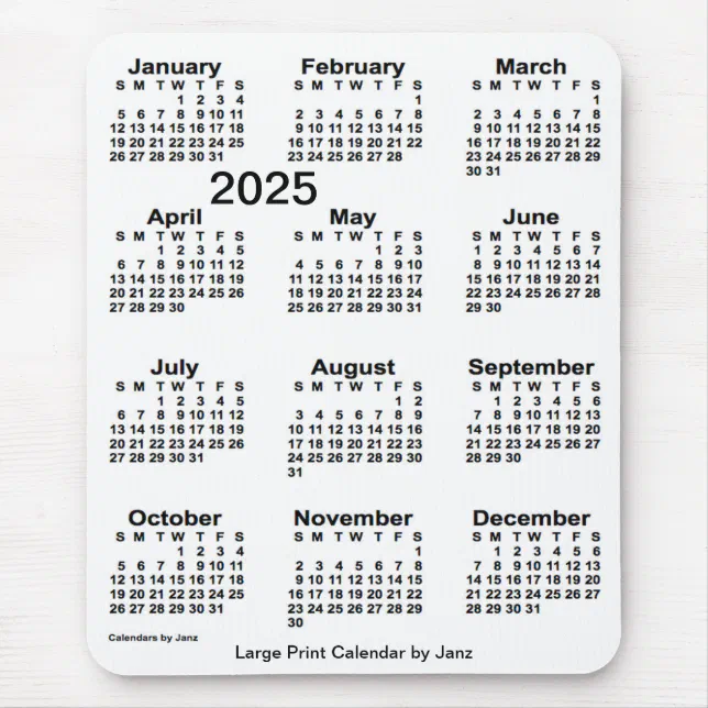 2025 White Large Print Calendar by Janz Mouse Pad Zazzle