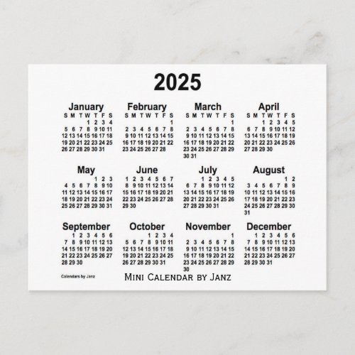 2025 White Mini Calendar by Janz Postcard