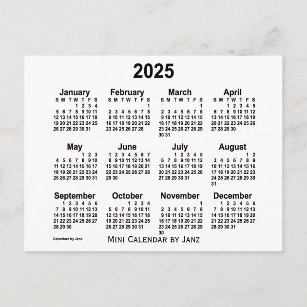 2025 White Mini Calendar By Janz Postcard | Zazzle