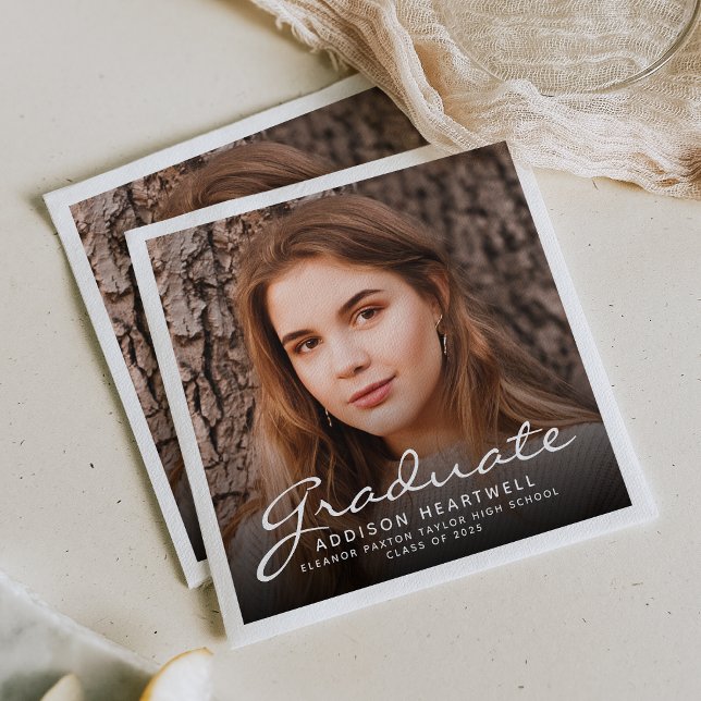 2025 White Script Photo Graduation Party Napkins (Creator Uploaded)