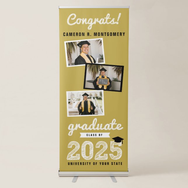 2025 White Sketch Three Photo Collage Grad Party Retractable Banner (Front)
