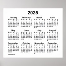 Simple Black & White 2024 Year At Glance Calendar Poster