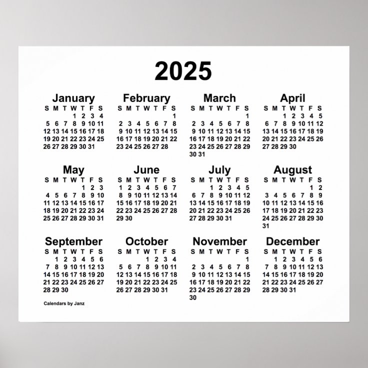 Yearly Calendar 2025 Black And White 