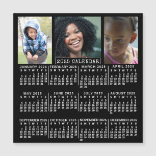 2025 Year Calendar Black 3 Photo Collage Magnet