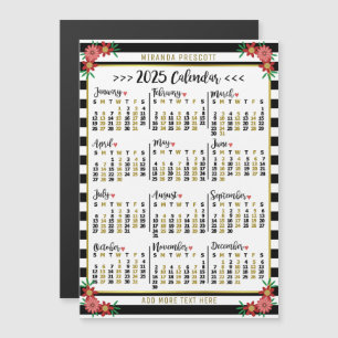 2025 Year Calendar Black Stripe Floral Custom Name Magnetic Invitation