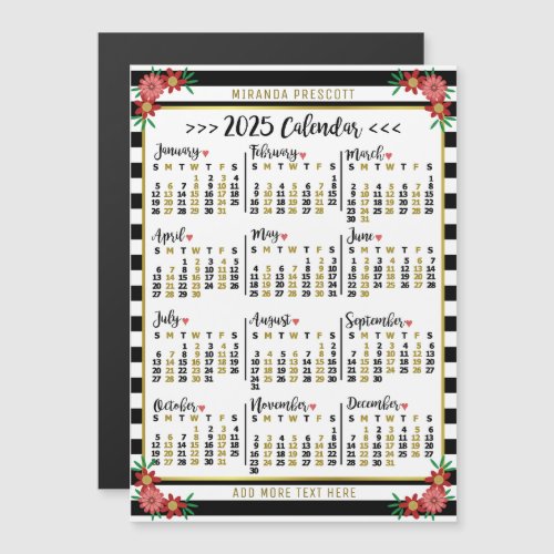 2025 Year Calendar Black Stripe Floral Custom Name Magnetic Invitation