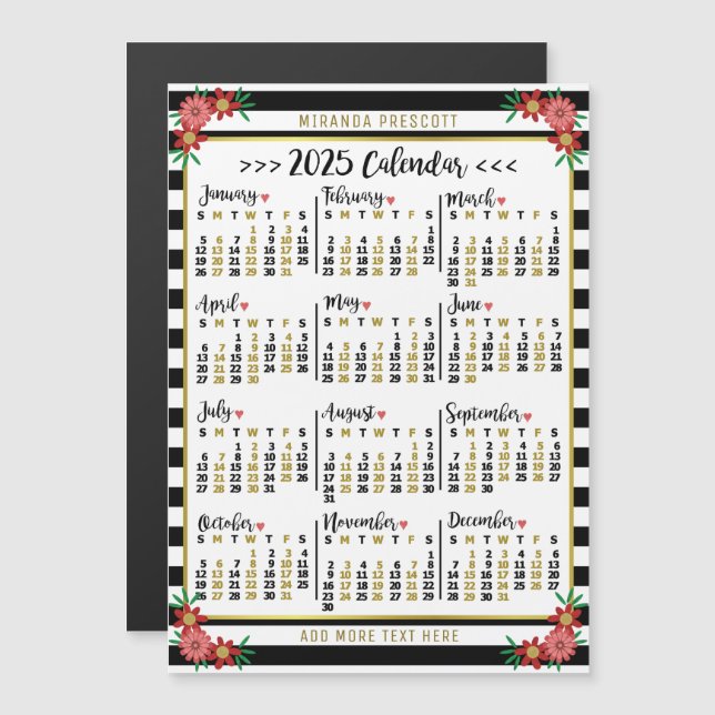 2025 Year Calendar Black Stripe Floral Custom Name Magnetic Invitation (Front/Back)