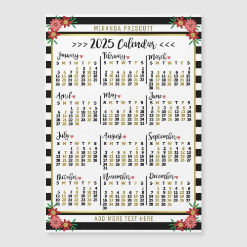 2025 Year Calendar Black Stripe Floral Name Magnet