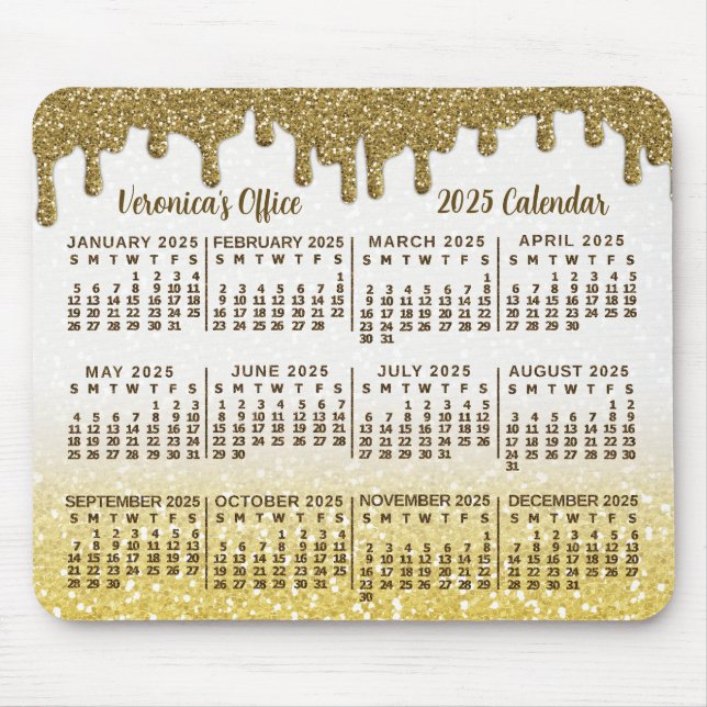 2025 Year Calendar Faux Gold Glitter Drips Custom Mouse Pad (Front)