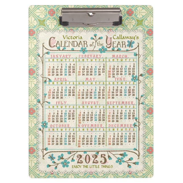 2025 Year Calendar Victorian Art Nouveau | Custom Clipboard (Front)