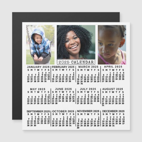 2025 Year Calendar White  3 Custom Photo Collage Magnetic Invitation