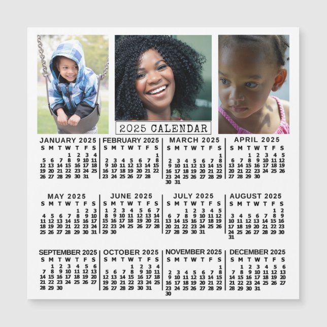 2025 Year Calendar White | 3 Photo Collage Magnet (Front)