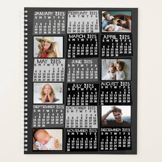 2025 Year Monthly Calendar 12 Photo Collage Black Planner (Front)
