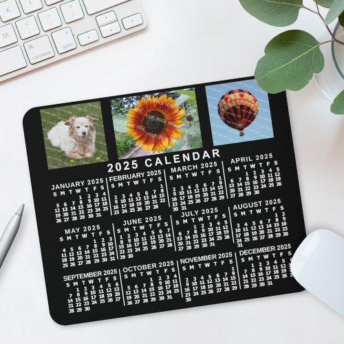 2025 Year Monthly Calendar Black Custom 3 Photos Mouse Pad