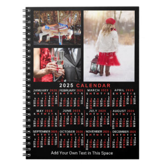2025 Year Monthly Calendar Black Custom 3 Photos Notebook
