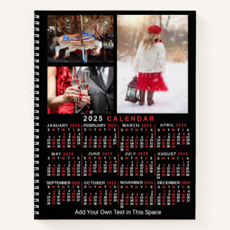 2025 Year Monthly Calendar Black Custom 9 Photos Notebook