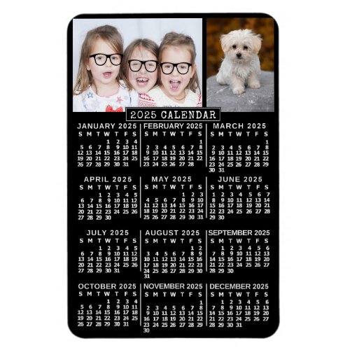 2025 Year Monthly Calendar Black  Photo Template Magnet