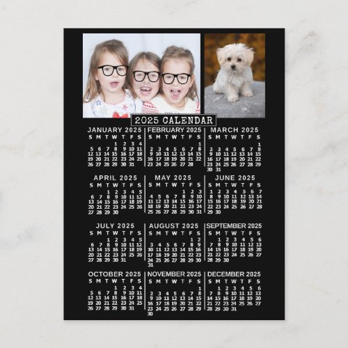 2025 Year Monthly Calendar Black  Photo Template Postcard