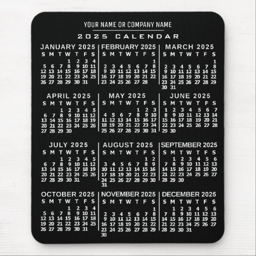 2025 Year Monthly Calendar Black White Custom Name Mouse Pad