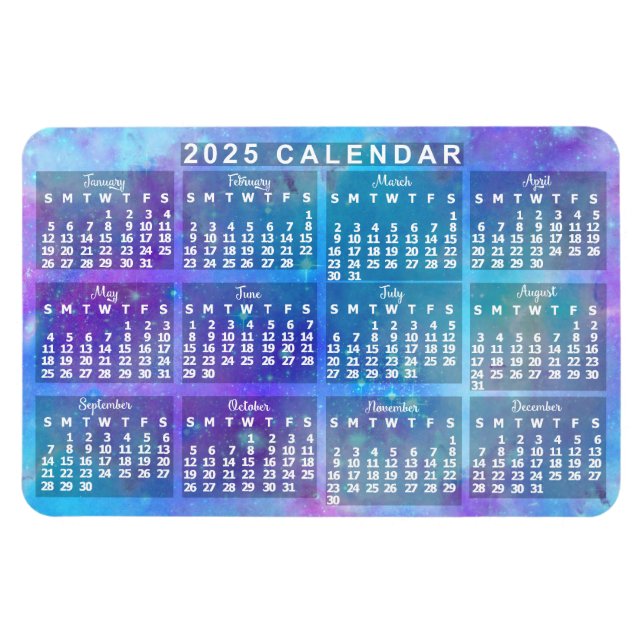 2025 Year Monthly Calendar Blue Watercolor Stars Magnet (Horizontal)