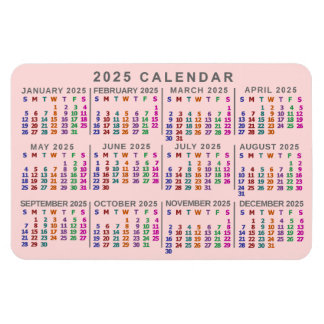 2025 Year Monthly Calendar Blush Pink Colorful Magnet