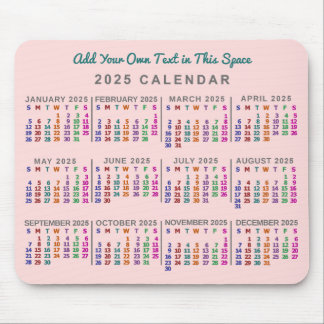 2025 Year Monthly Calendar Blush Pink Personalized Mouse Pad