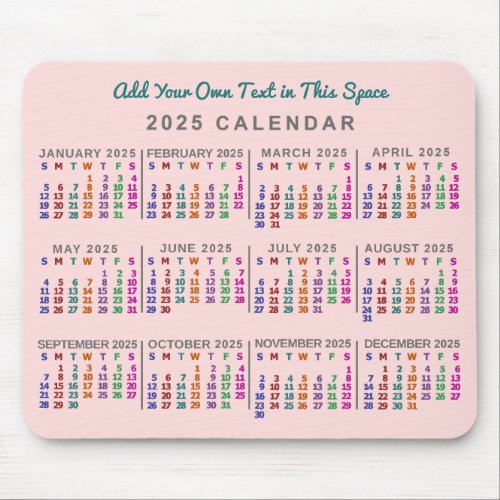 2025 Year Monthly Calendar Blush Pink Personalized Mouse Pad