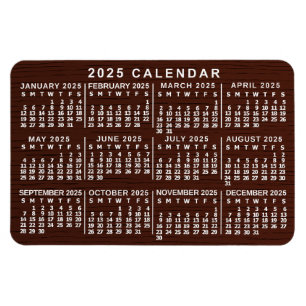 2025 Year Monthly Calendar Brown Wood Grain Simple Magnet