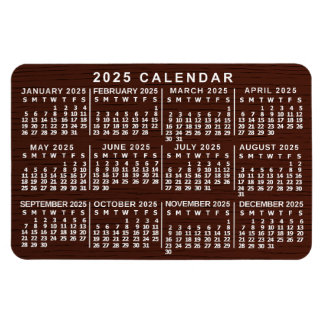 2025 Year Monthly Calendar Brown Wood Grain Simple Magnet