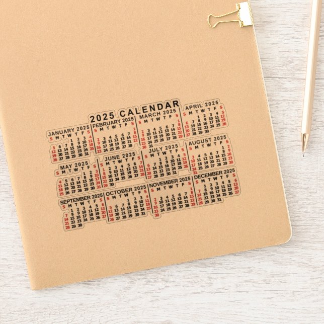 2025 Year Monthly Calendar Classic Black and Red Sticker (Notebook)