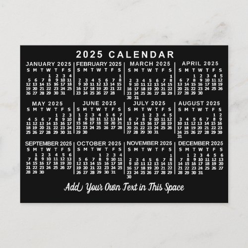 2025 Year Monthly Calendar Classic Black and White Postcard