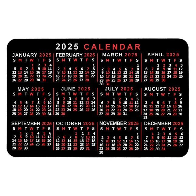 2025 Year Monthly Calendar Classic Black Red White Magnet (Horizontal)
