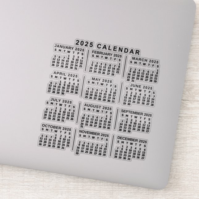 2025 Year Monthly Calendar Classic Black Sticker (Detail)