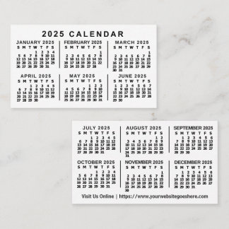 2025 Year Monthly Calendar Classic Custom Text Business Card