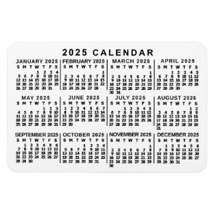 2025 Year Monthly Calendar Classic White and Black Magnet