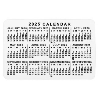 2025 Year Monthly Calendar Classic White and Black Magnet